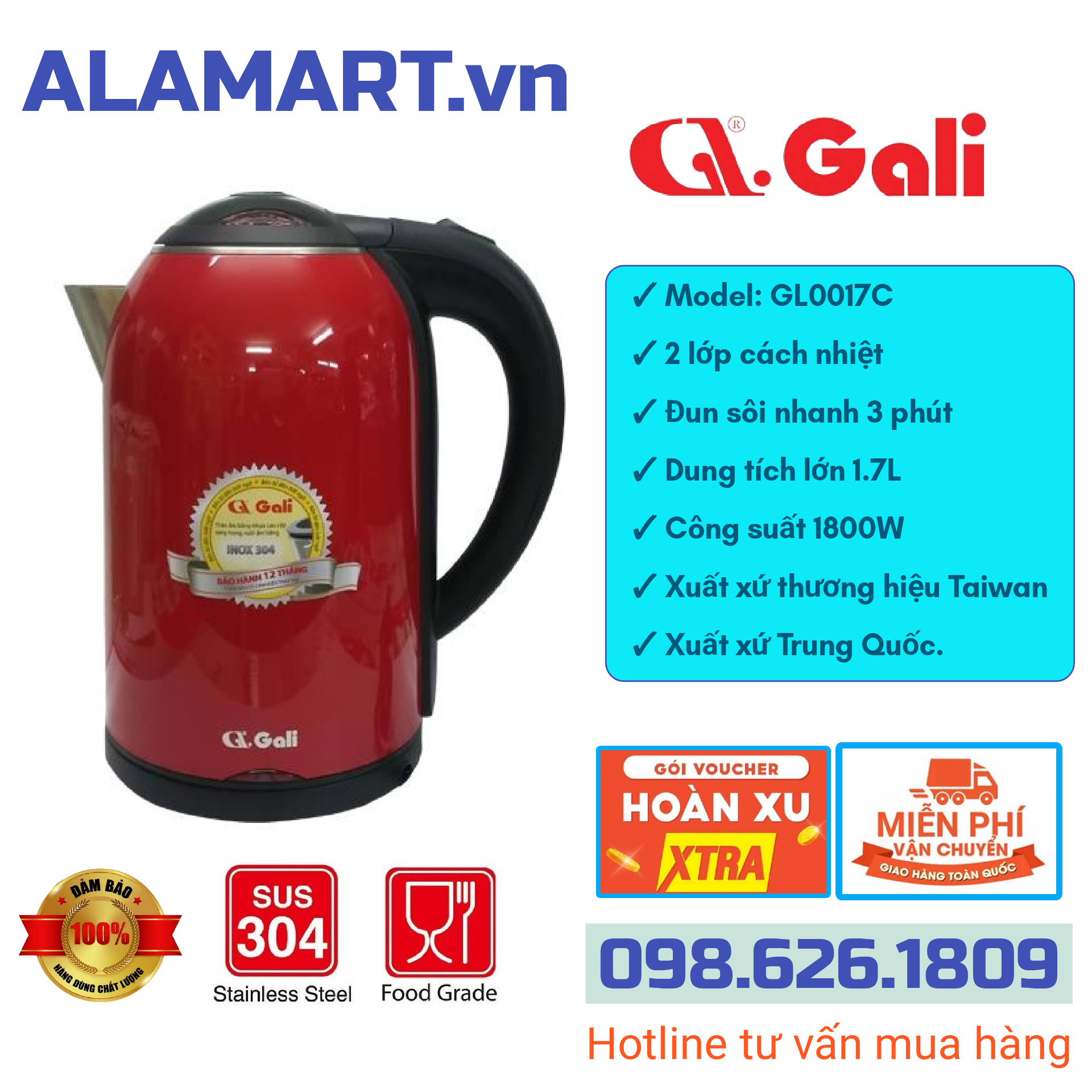 Ấm siêu tốc gali gl-0017c 1800w 1.7l