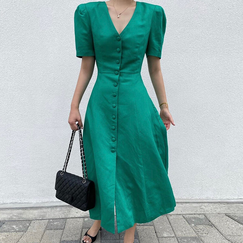 Sang Trọng, Lịch Sự Dài Hàn Quốc Cổ Chữ V Tay Áo Bong Bóng Thon Gọn Bọc Đầm Nữ Cao Vòng Eo Nút Đơn Dáng Chữ A Đầm Thời Trang Mùa Hè
