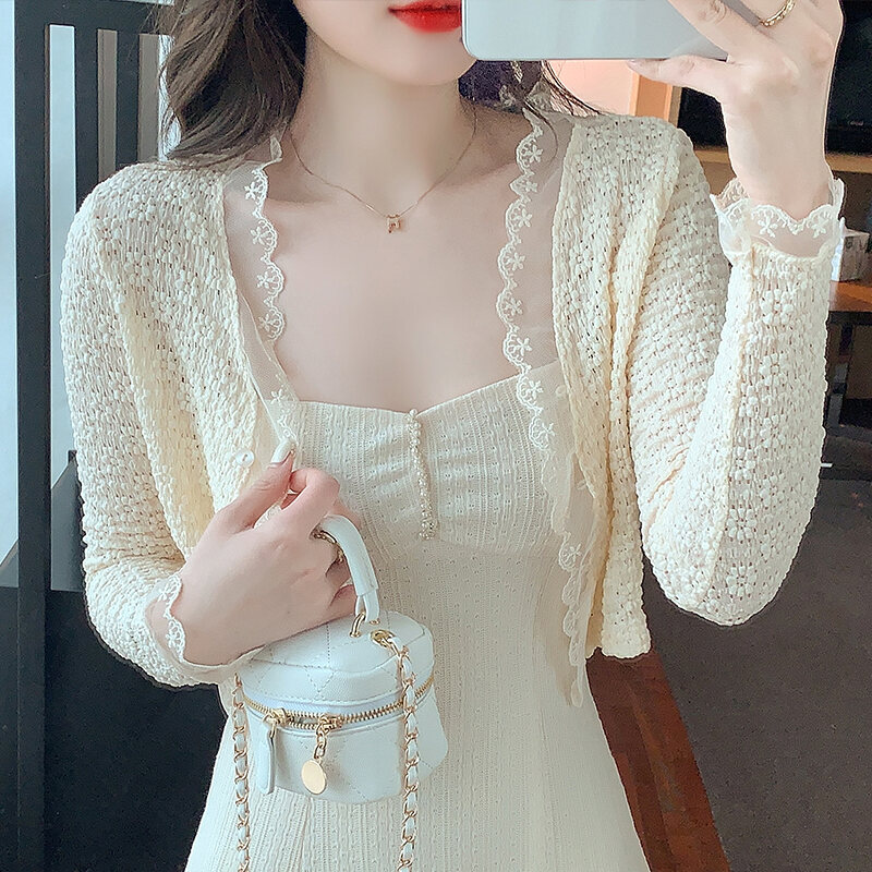 Áo Len Cardigan Ren Dài Tay Mùa Hè Cho Nữ Áo Khoác Ngoài Mỏng Ngắn Áo Che Nắng Chống Nắng Áo Khoác C
