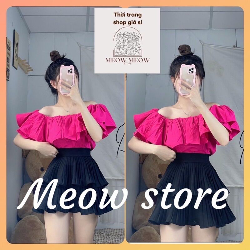 Set áo bẹt vai bèo a100 kèm váy dập ly 2 tầng