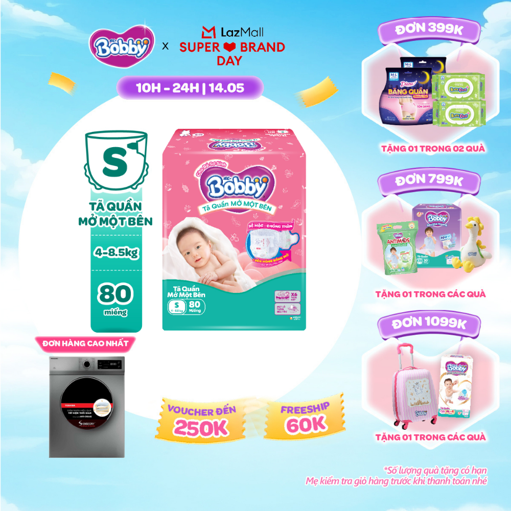 [SALE GIỮA THÁNG tặng QUÀ TO-SLCH][TẶNG MIẾNG] Tã quần mở một bên Bobby dành cho bé sơ sinh size S80