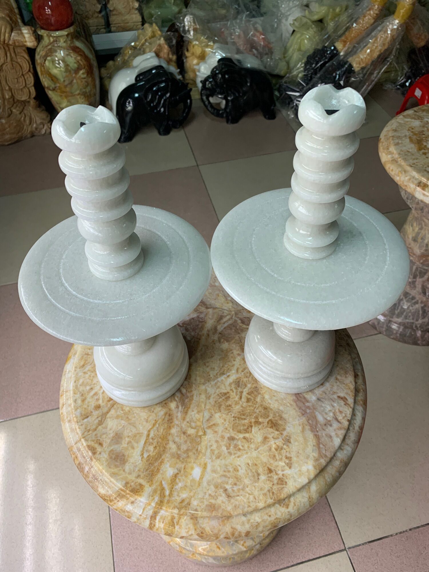 Cặp Chân Đèn Thờ Đá Cẩm Thạch Trắng - cao 40cm