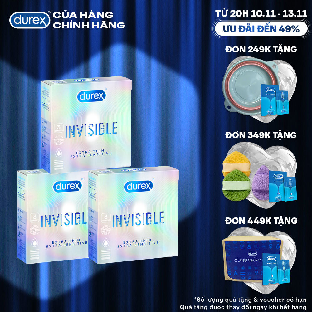 Bộ 3 hộp bao cao su Durex Invisible  Extra Thin Extra Sensitive siêu mỏng size 52mm 3 bao/hộp