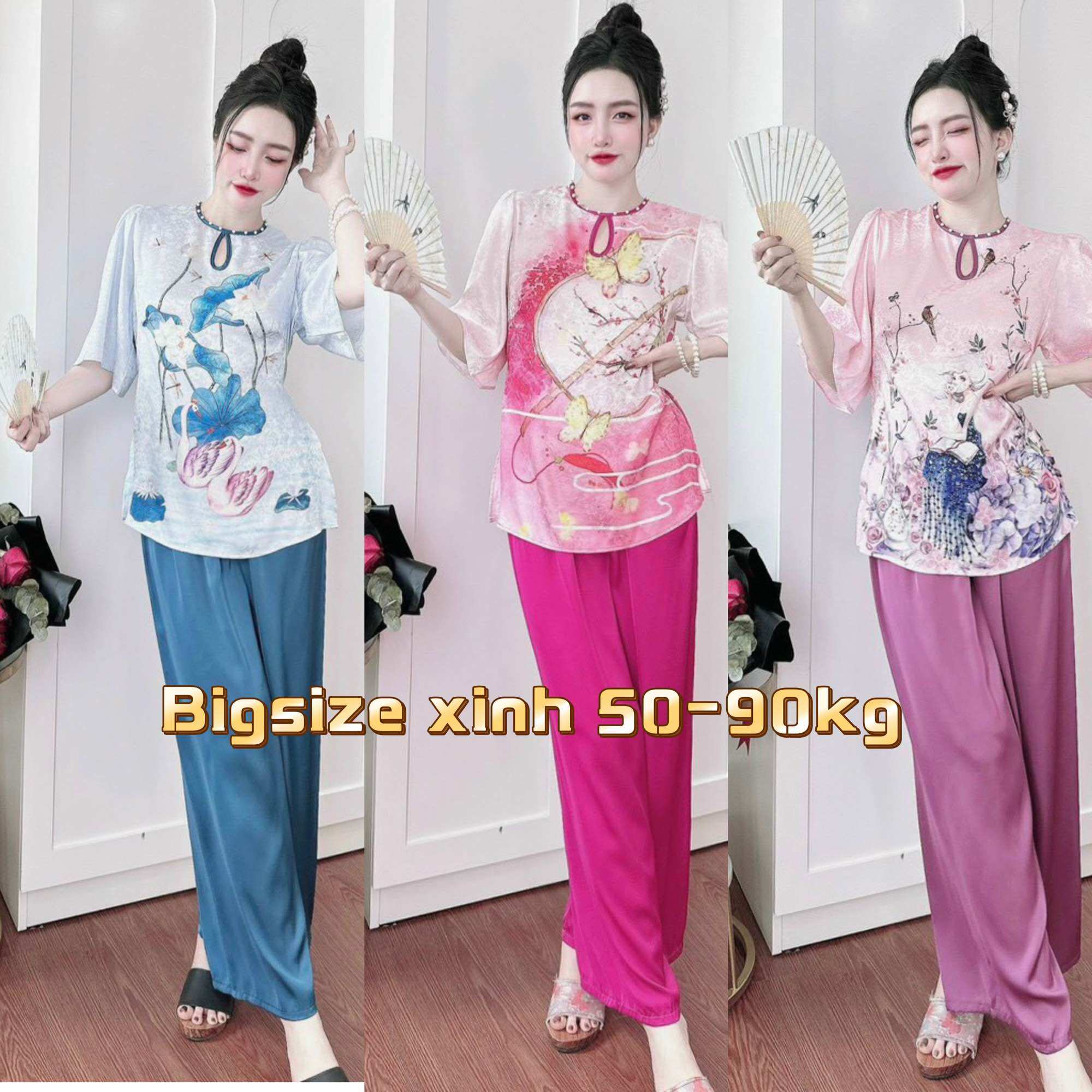 Bộ Lam Bigsize đi chùa 45-90kg bộ mặc đi chùa thêu hoa sen cao cấp chất lụa mềm mịn