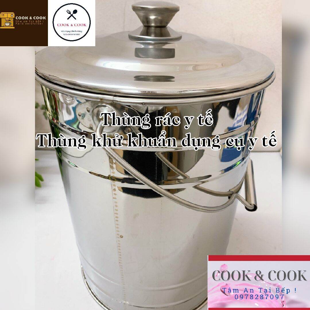 Thùng đựng rác y tế, thùng khử khuẩn dụng cụ y tế inox 304 có nắp đậy quai sách tiện dụng