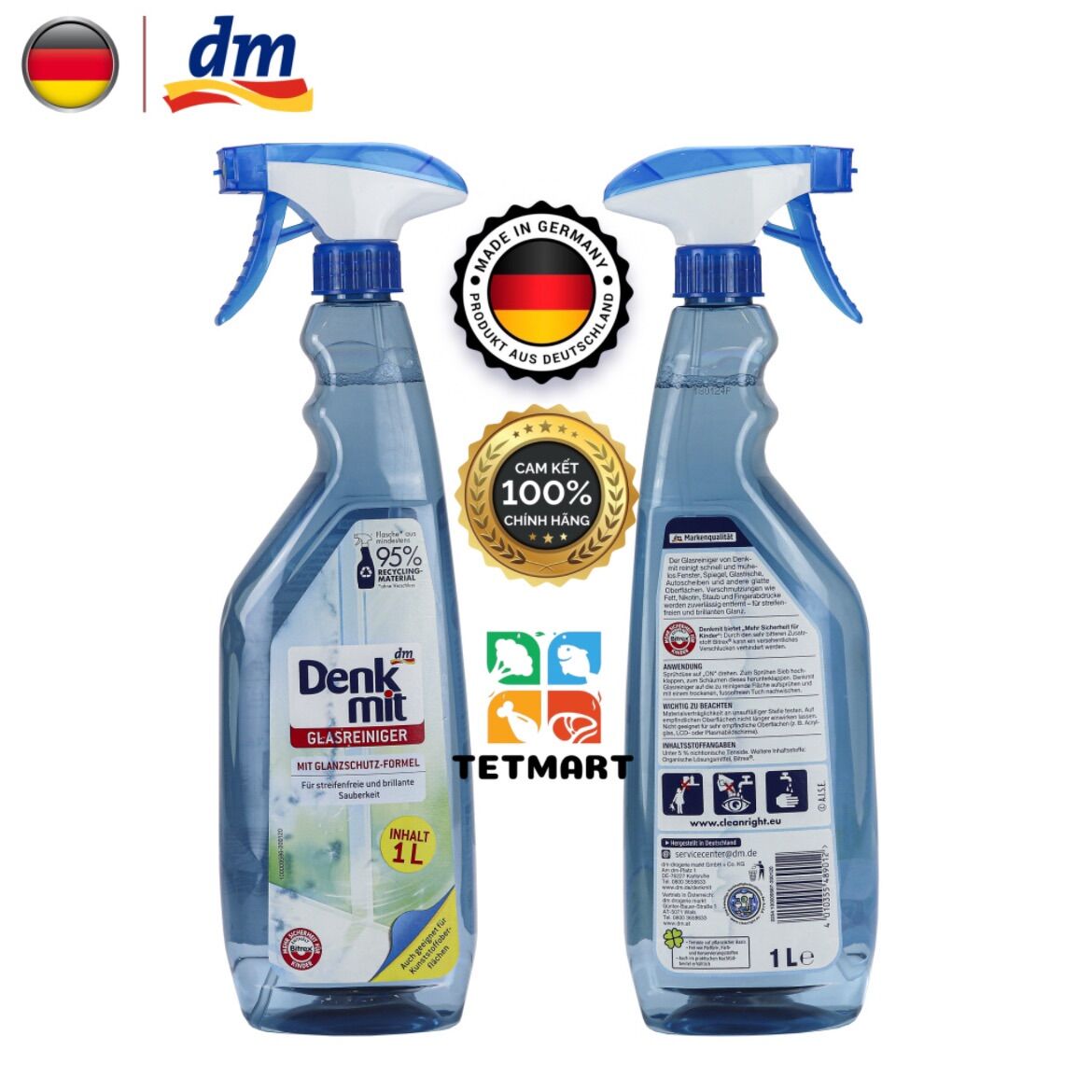 Nước lau kính dạng vòi xịt Denkmit 1L, hàng cao cấp chuẩn Đức, chai lớn, sạch, sáng bóng hiệu quả