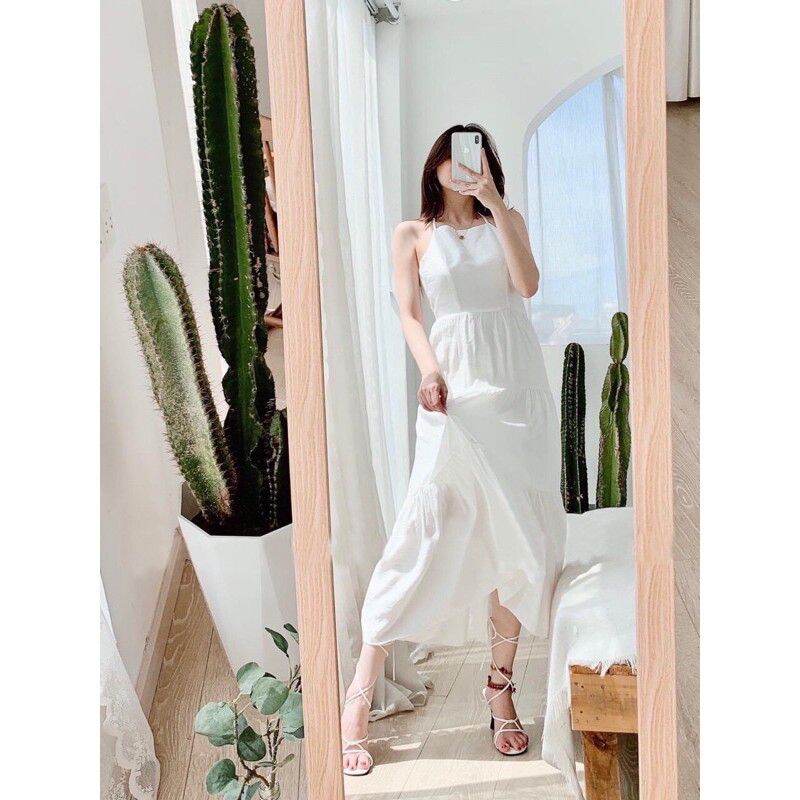 đầm maxi trắng đi biển đầm yếm maxi hở lưng