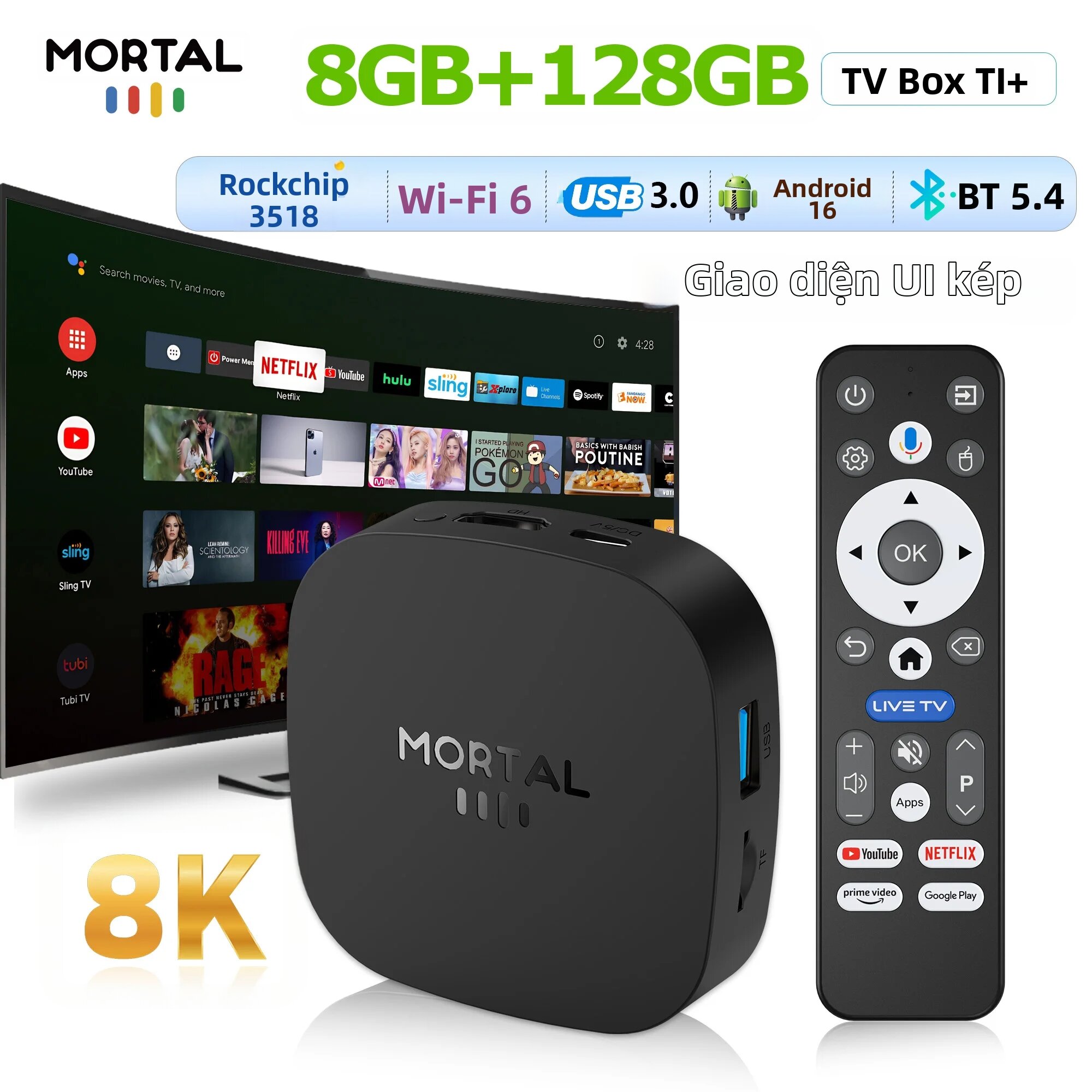 Hộp Tivi Thông Minh Android 16.0 Rockchip RK3518 8GB 128GB 8K Media Player Với Google Assistant, Giao Diện Đa Ngôn Ngữ, Wifi6, BT5.4, Mortal T1+