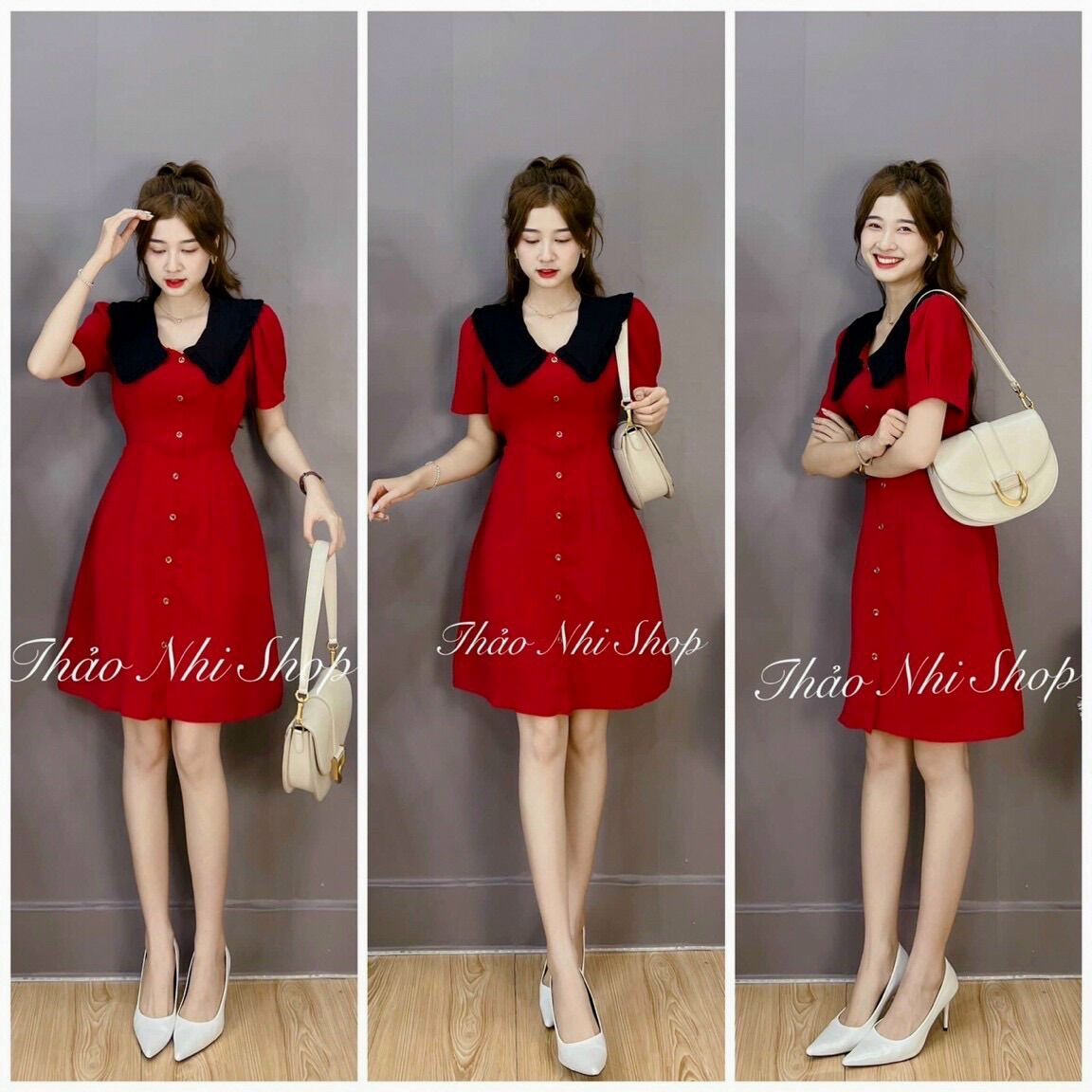 Váy đầm buộc nơ eo cổ nhọn càu nút thật y hình