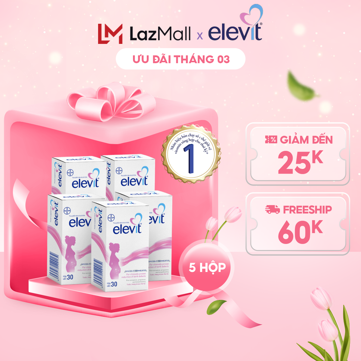 Bộ 5 Hộp Vitamin Bầu Tổng Hợp Elevit Cho Phụ Nữ Trước Trong và Sau Thai Kỳ (30 Viên/ Hộp)