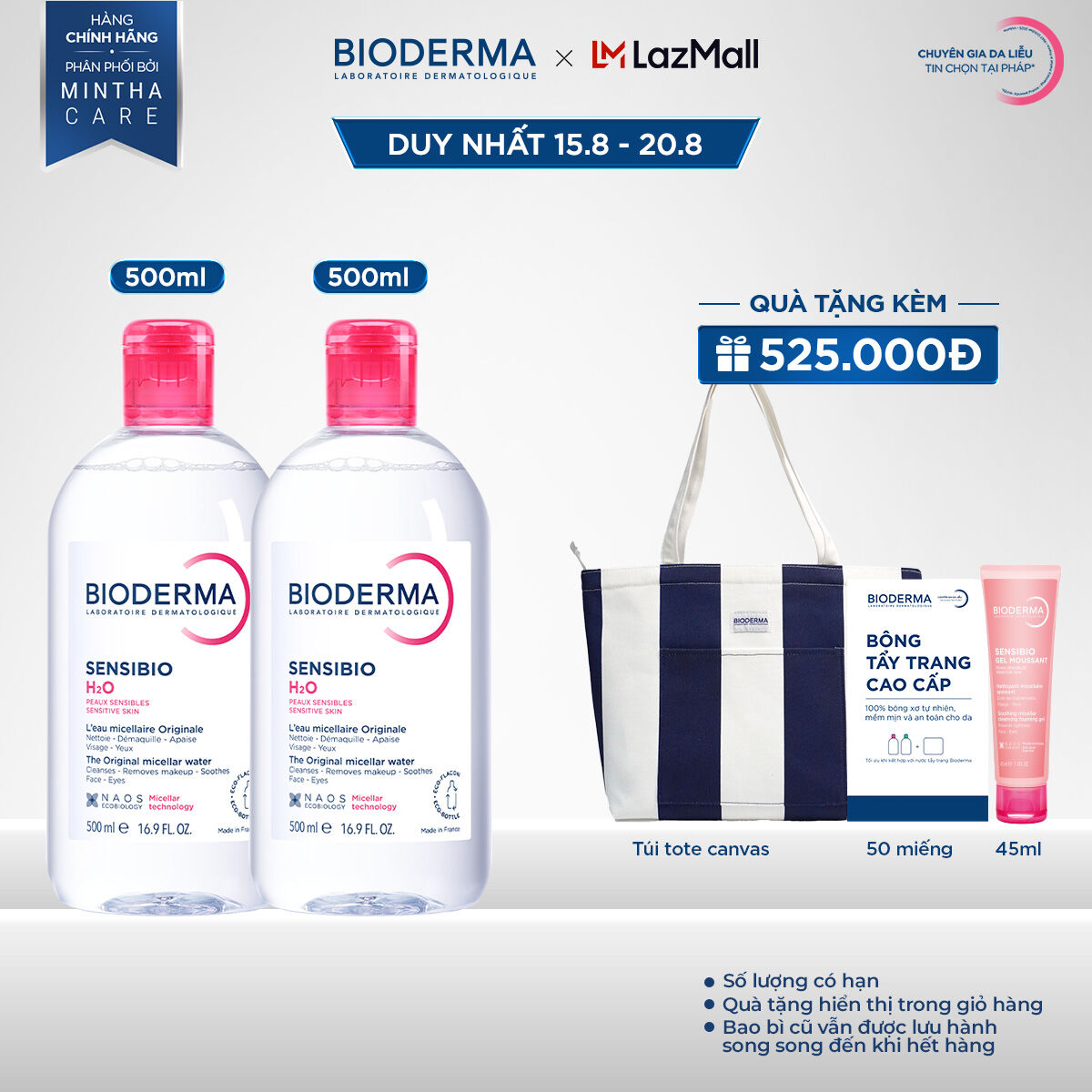 Bộ đôi nước tẩy trang Micellar cho da nhạy cảm Bioderma Sensibio H2O - 500mlx2