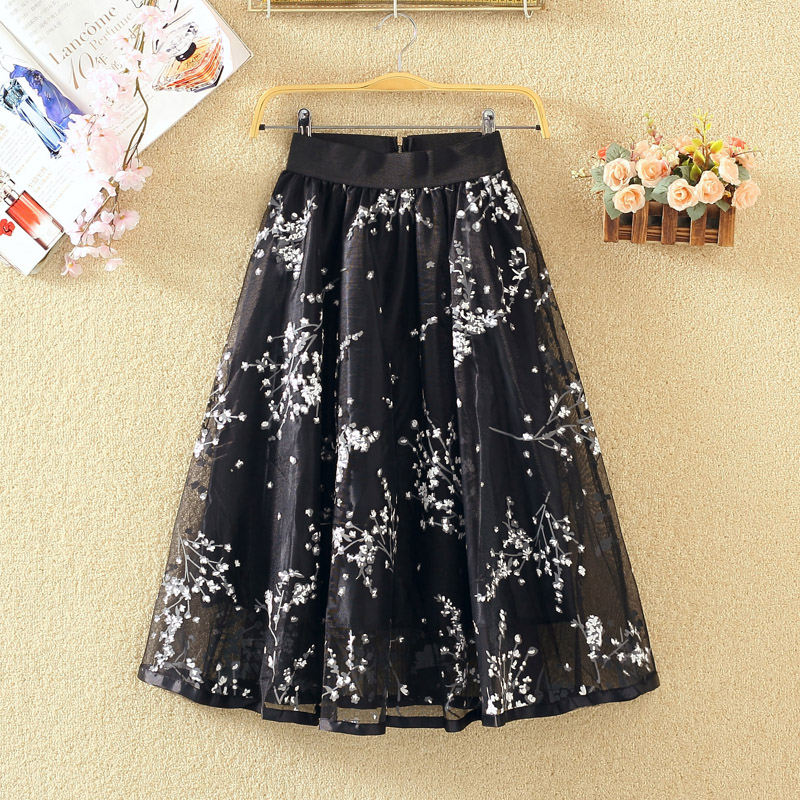Autumn Korean-style High-waisted Slimming Versatile A- line Skirt Voile Skirts Printed Organza Mid-length Skirt Female