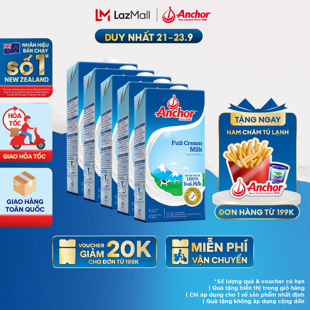 [GIAO HÀNG HỎA TỐC - HCM] Combo 5 Sữa Tươi Tiệt Trùng Anchor Nguyên Kem Hộp 1 Lít