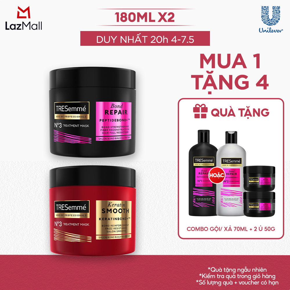 Combo Kem Ủ TRESemmé Bond Repair Peptidebond+ Và Keratin Smooth Keratinbond+ Tóc Đẹp Chuẩn Salon (180ml X 2)