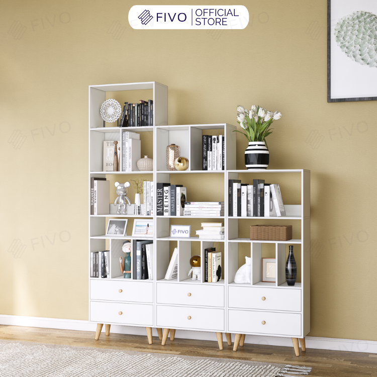 Tủ sách gỗ lắp ráp 5 tầng màu trắng hiện đại cao cấp fb61 fivo, dễ dàng lắp ráp, hộc tủ tiện ích
