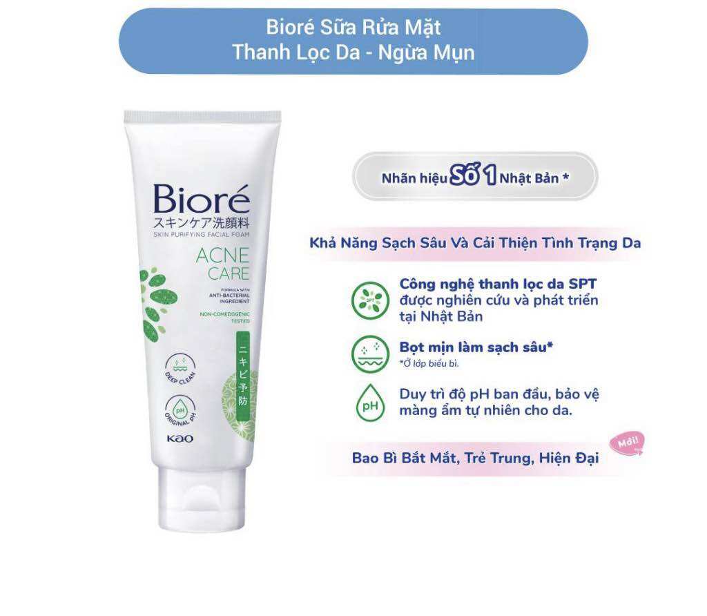 Sữa rửa mặt Biore Kháng khuẩn Sạch mụn 50g xanh lá