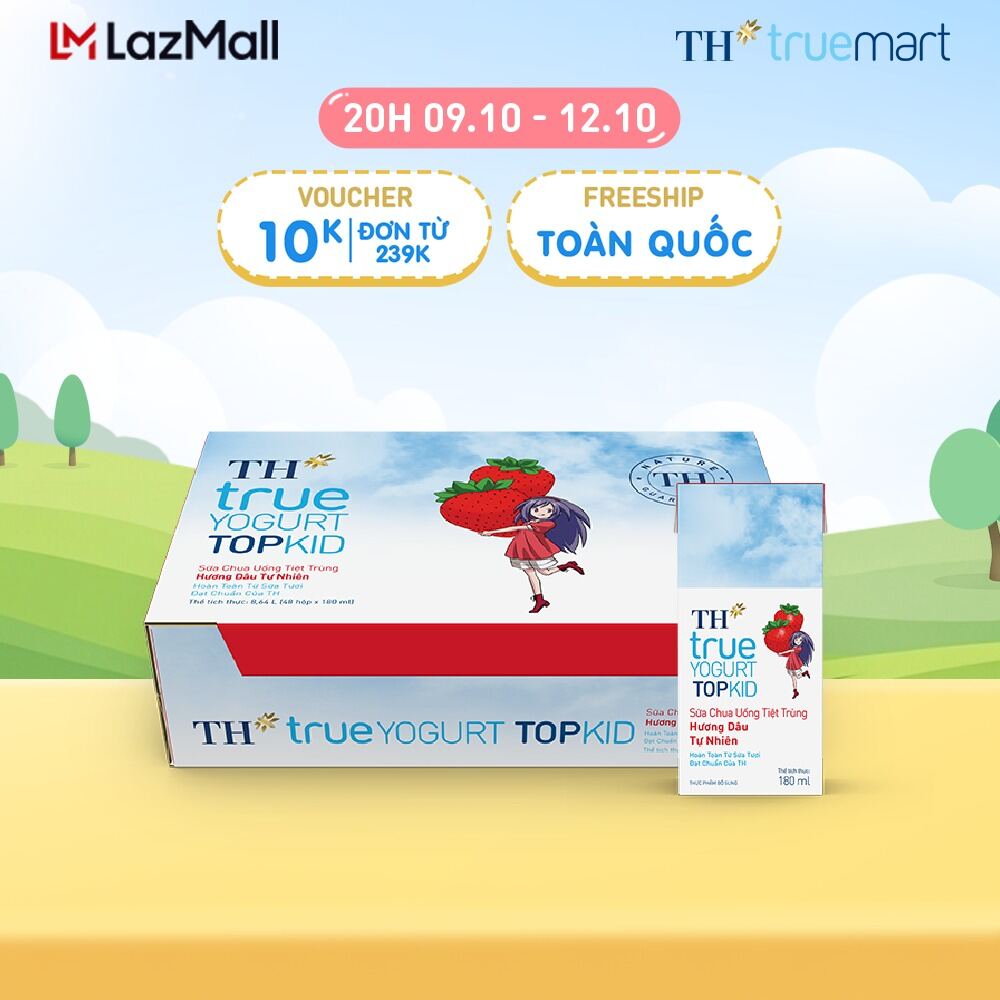 Thùng 48 hộp sữa chua uống tiệt trùng TH true YOGURT TOPKID hương dâu tự nhiên 180 ml (180 ml x 48)
