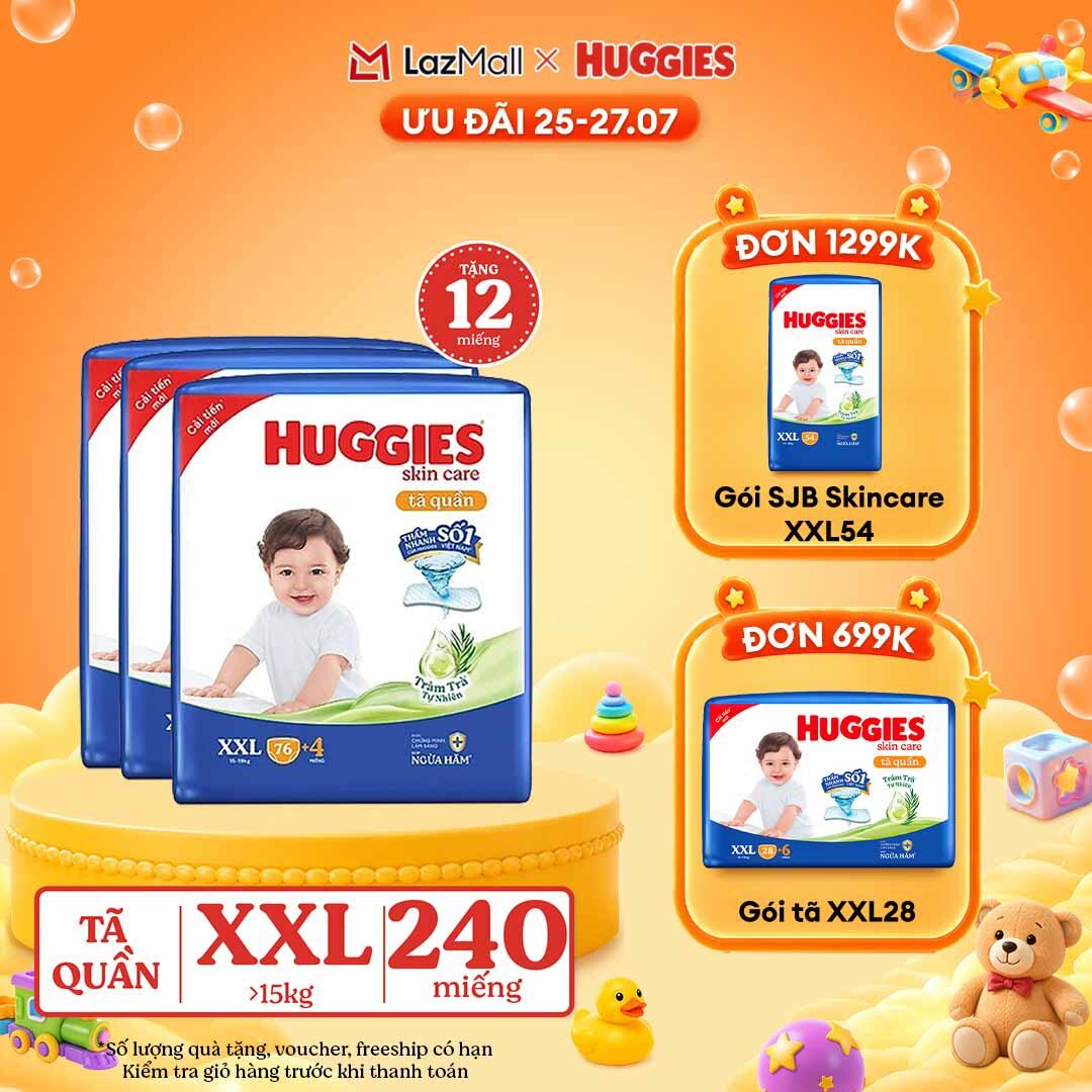 [25-29.7 GIẢM THÊM 90K] Combo 3 Gói Tã/bỉm quần HUGGIES SKINCARE MEGA JUMBO size XXL76+4 miếng