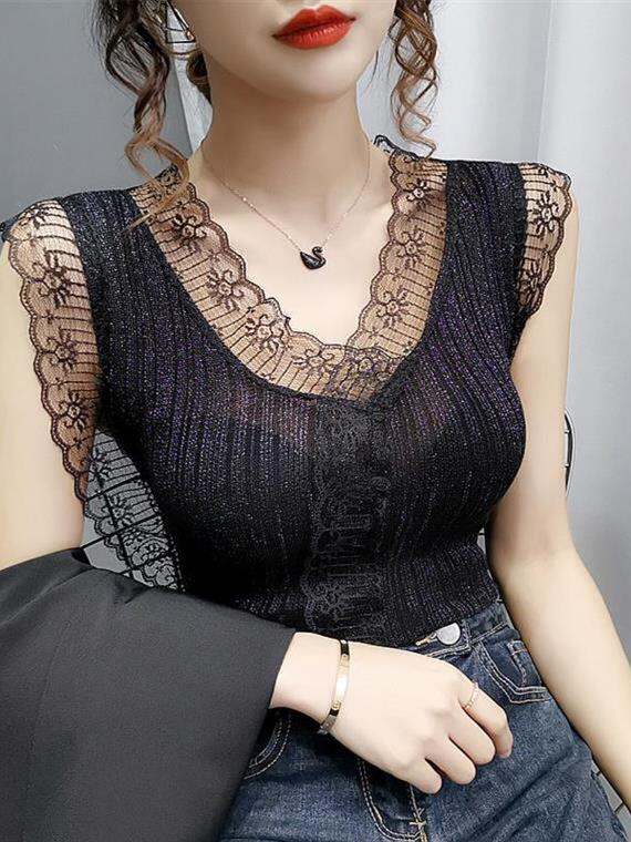 Áo Len Dệt Kim Cổ Chữ V Áo Lót Ren Dây Đeo Mùa Hè Áo Chui Đầu Cổ Chữ V Áo Chui Đầu Dài Tay Áo Chui Đ