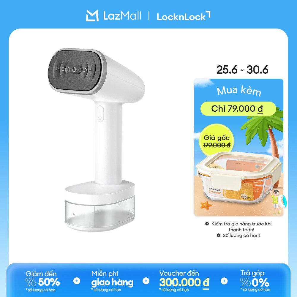 ENI223WHT - Bàn ủi hơi nước cầm tay LockLock - Làm nóng nhanh 30s, Mặt là sứ an toàn, 2 đầu chải đi kèm, tự làm sạch - BH 2 năm