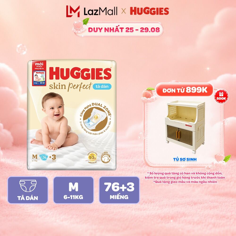 Tã/Bỉm Dán Sơ sinh Huggies Skincare Super Jumbo M76+3/L68/XL60/XXL54 Với 2 Vùng Thấm Giảm Kích Ứng Da