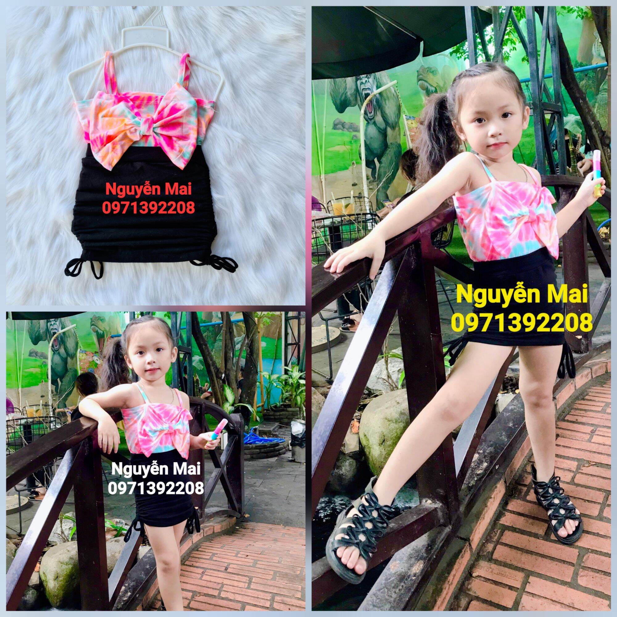 Set body áo 2 dây có nơ kèm váy rút dây bé gái dễ thương