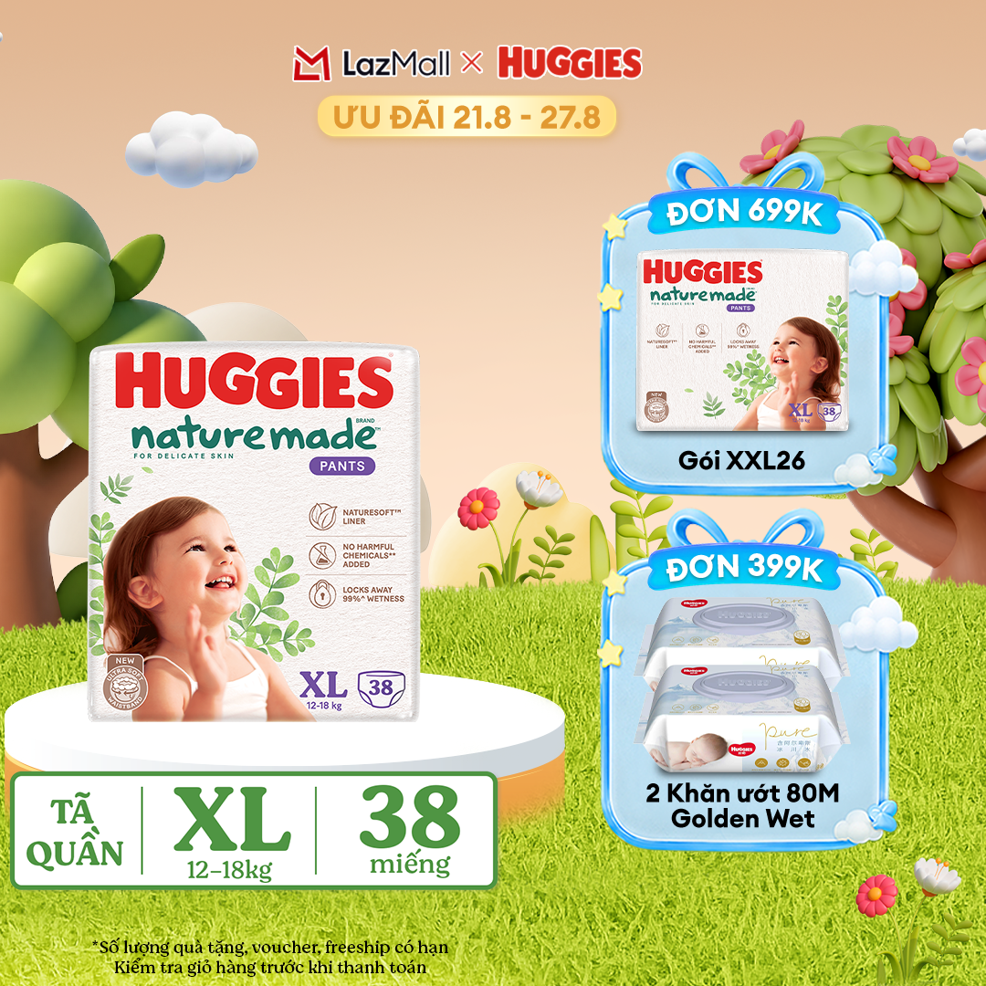[17-24.08 QUÀ TẶNG ĐƠN 399K] Tã/Bỉm quần HUGGIES PLATINUM NatureMade XL38 (12-18kg)-Gói Jumbo 38 miếng