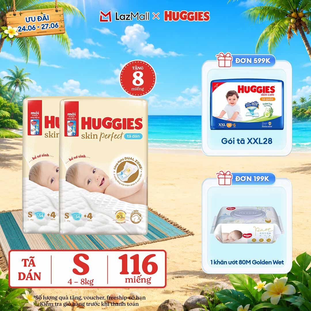 [Chỉ 25-29.06 QUÀ TẶNG ĐƠN 0Đ]  Combo 2 Tã/bỉm dán sơ sinh Huggies Skin Perfect S 54 miếng với 2 vùng thấm giảm kích ứng da (số miếng tặng kèm thay đổi theo từng đợt nhập hàng)