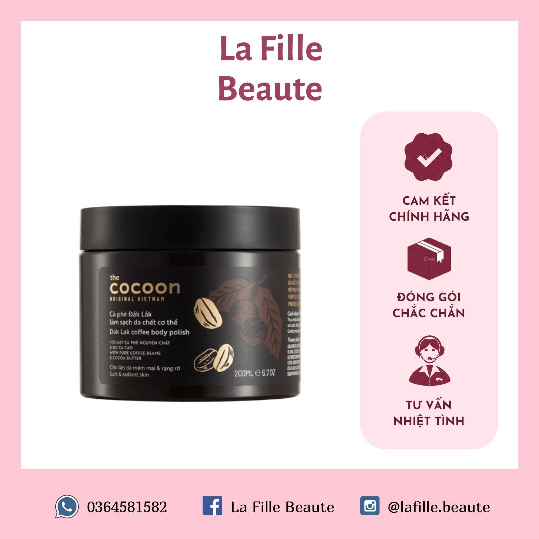 Tẩy da chết body Cocoon chiết xuất cà phê Đắk Lắk và bơ cacao làm sạch cơ thể - Dak Lak Coffee Body Polish 200ml