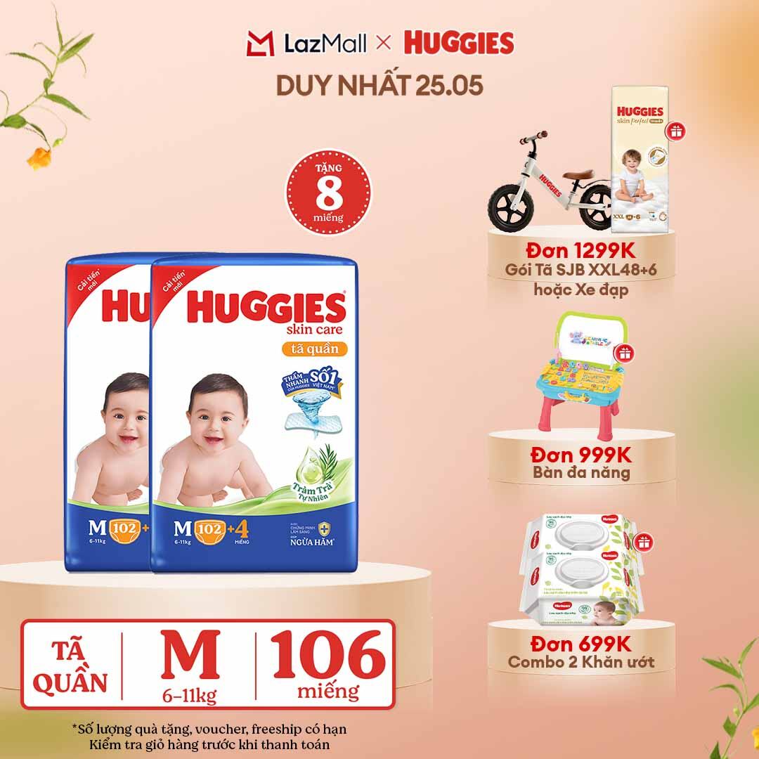 [CHỈ 25-29.05 GIẢM THÊM 90K] Combo 2 Gói Tã/bỉm quần HUGGIES SKINCARE MEGA JUMBO size M102+4 miếng