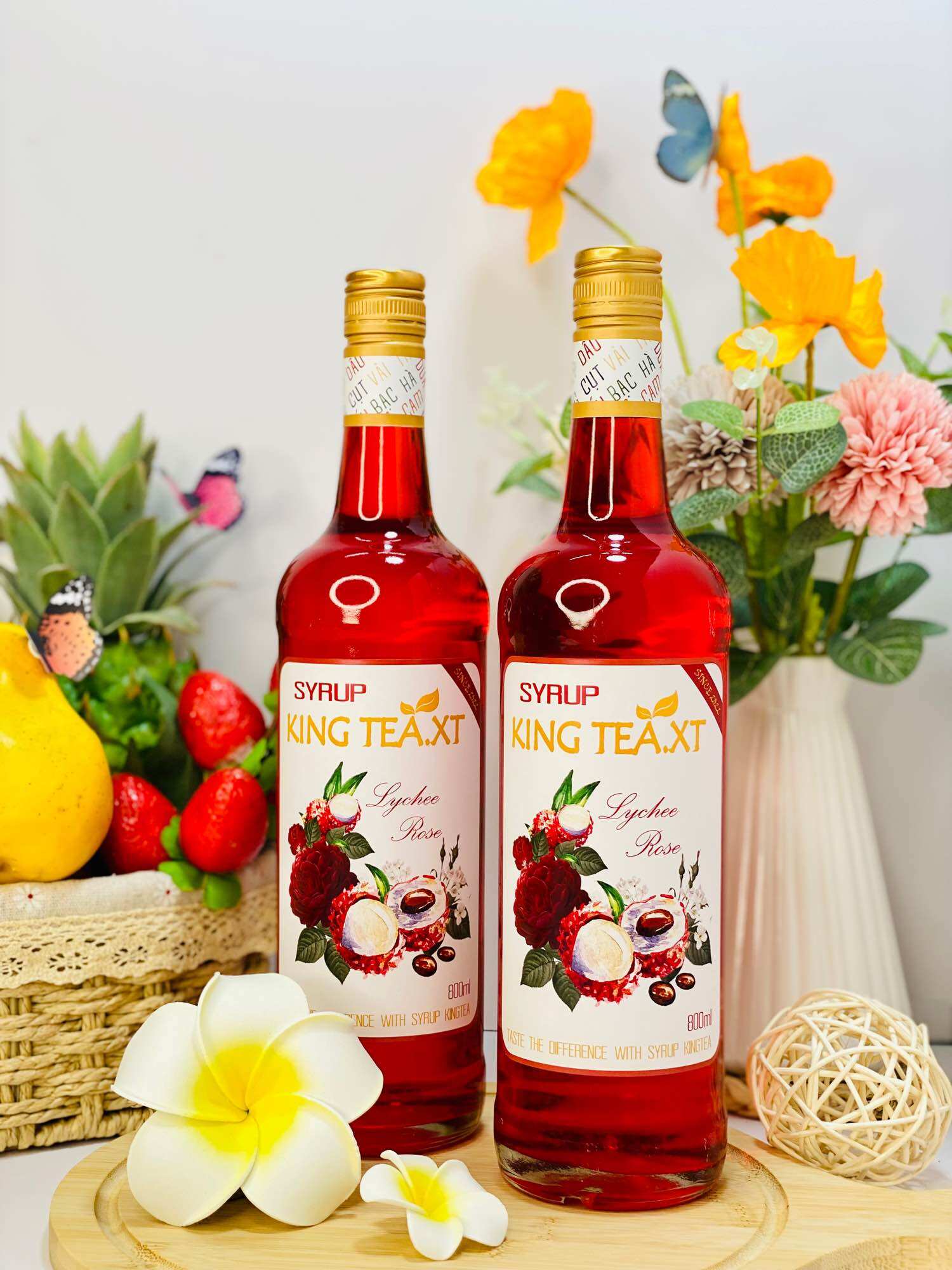 Syrup Vải Hoa Hồng Pha Chế (Syrup Lychee Rose)KINGTEA.XT- Chai thủy tinh 800ml