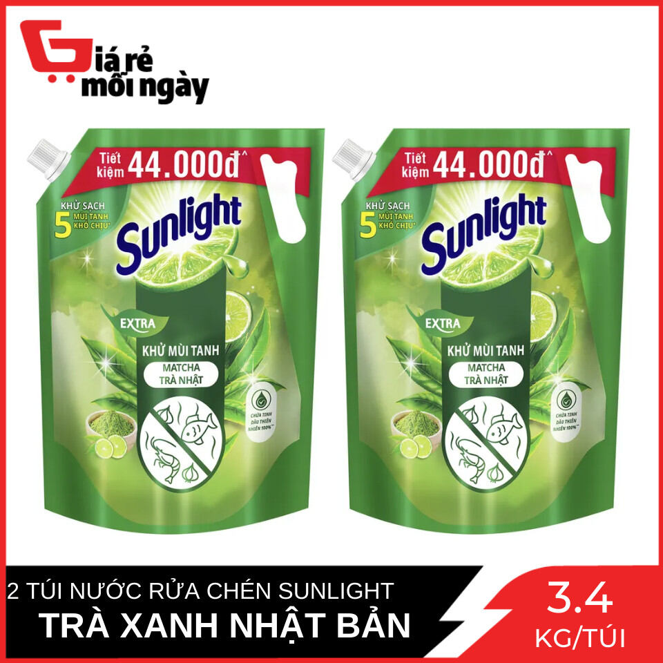 Combo 2 túi khổng lồ nước rửa chén sunlight extra khử mùi tanh matcha trà nhật túi 3.4 kg x2