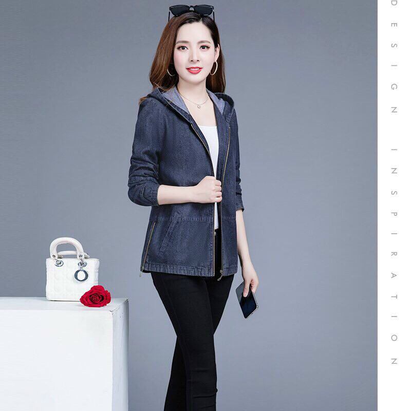 Áo khoác jean nữ phối nón khóa kéo