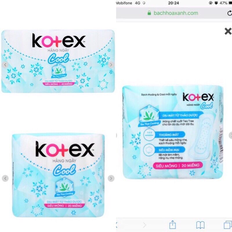 BĂNG VỆ SINH KOTEX hàng ngày cool 20M và 40M