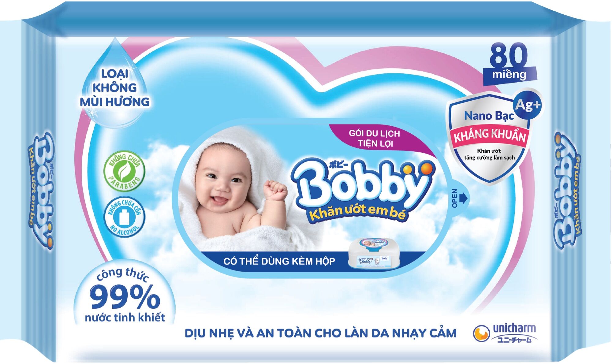 Khăn ướt không mùi Nano bạc Bobby (gói 100 tờ)