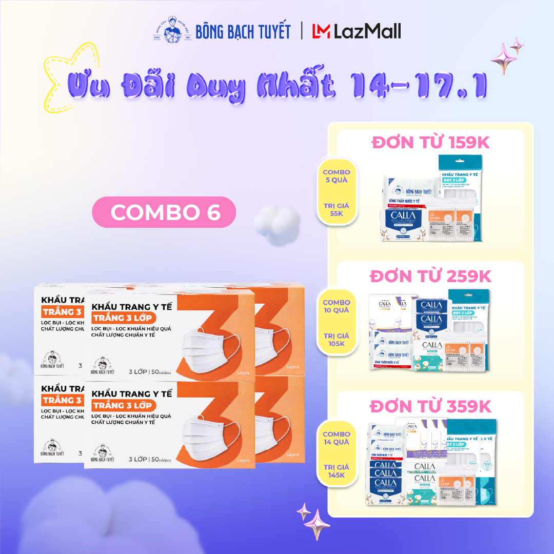 Combo 6 Khẩu trang Bông Bạch Tuyết 3 lớp trắng (50 cái/hộp)