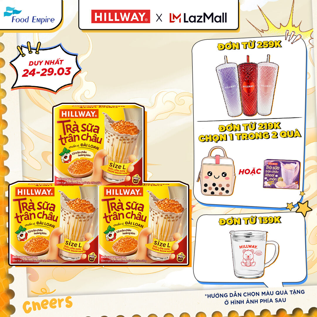 Combo 3 hộp Trà sữa trân châu Hoàng Kim - Hillway - Chuẩn vị Đài Loan size L (hộp 4 gói trà sữa 4 gói trân châu)