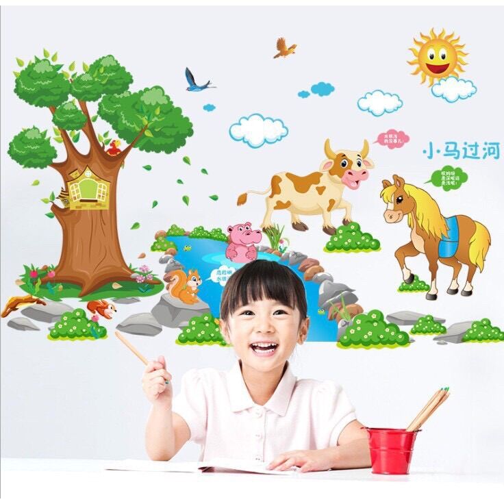 Decal dán tường cho bé đoàn thú qua sông