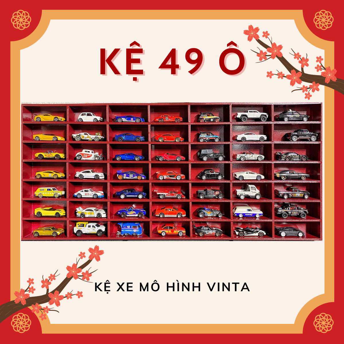 Kệ 49 ô trưng xe mô hình hot wheels, tomica tỉ lệ 1:64