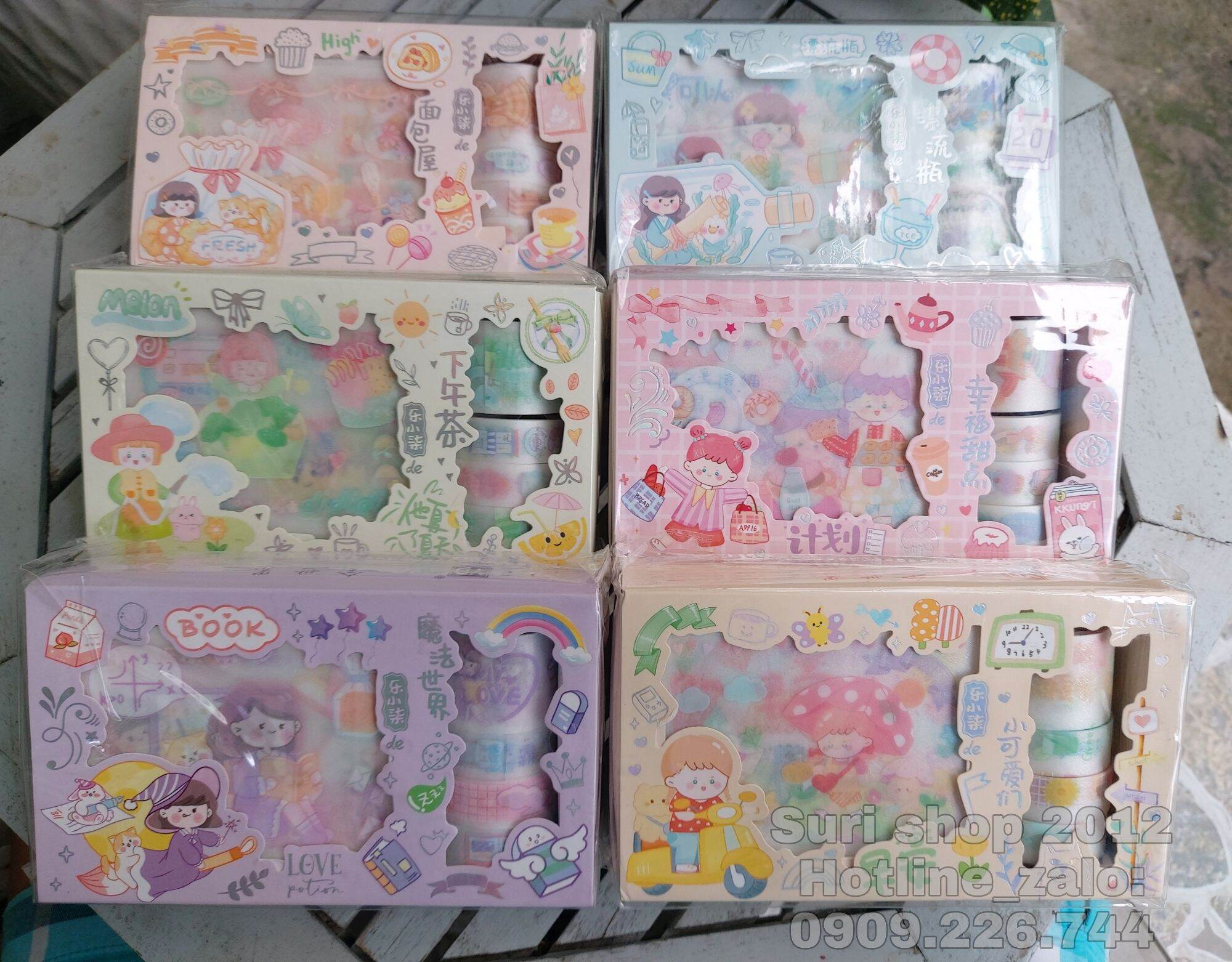 Hộp 5 cuộn Washi + 10 miếng stickers dễ thương