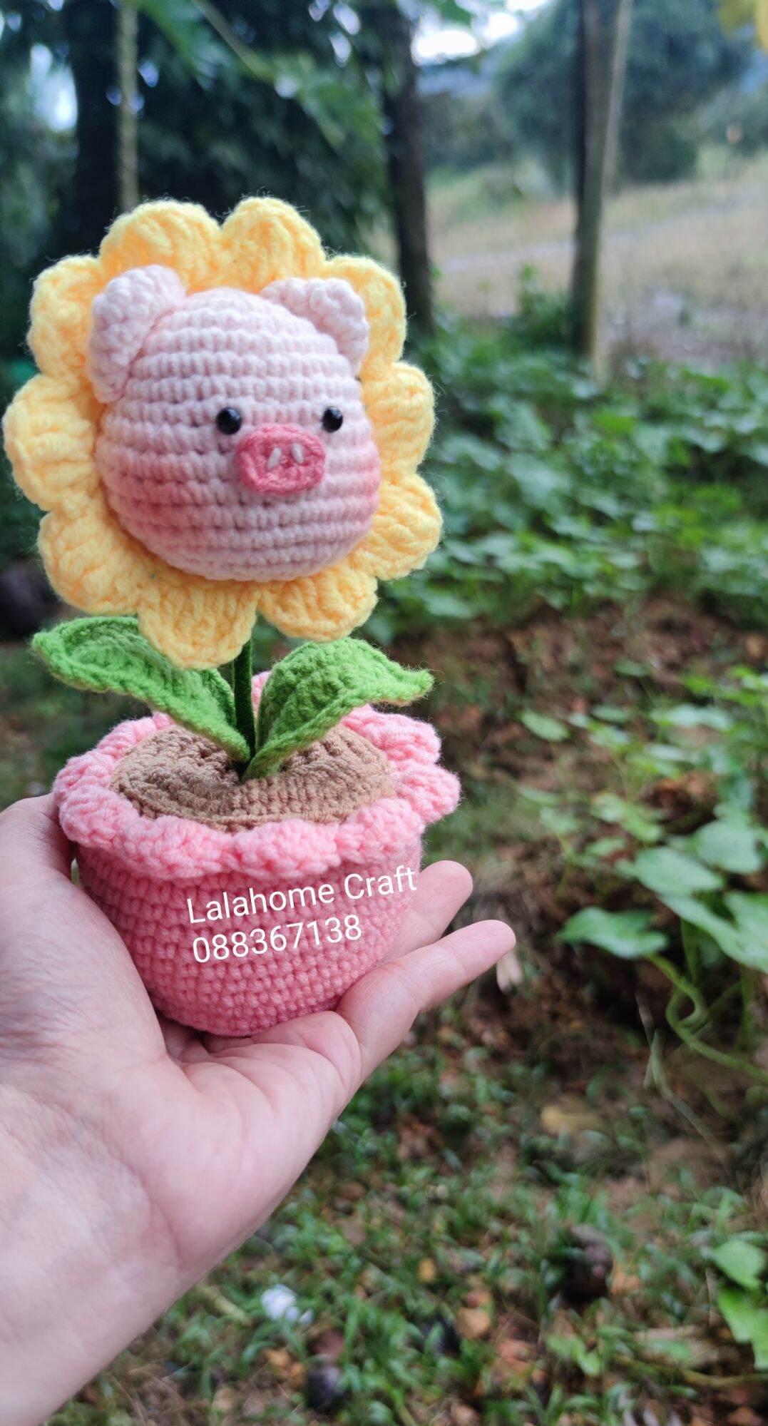 Chậu hoa bé heo, thỏ mặt trời, capybara, gấu có hoa bằng len Handmade(Ảnh Thật)