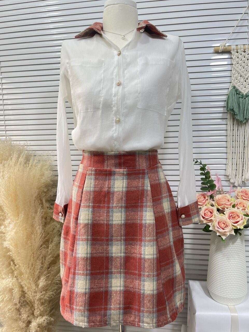 Sét áo somi phối chân váy dáng A xinh (ảnh chụp thật của shop)