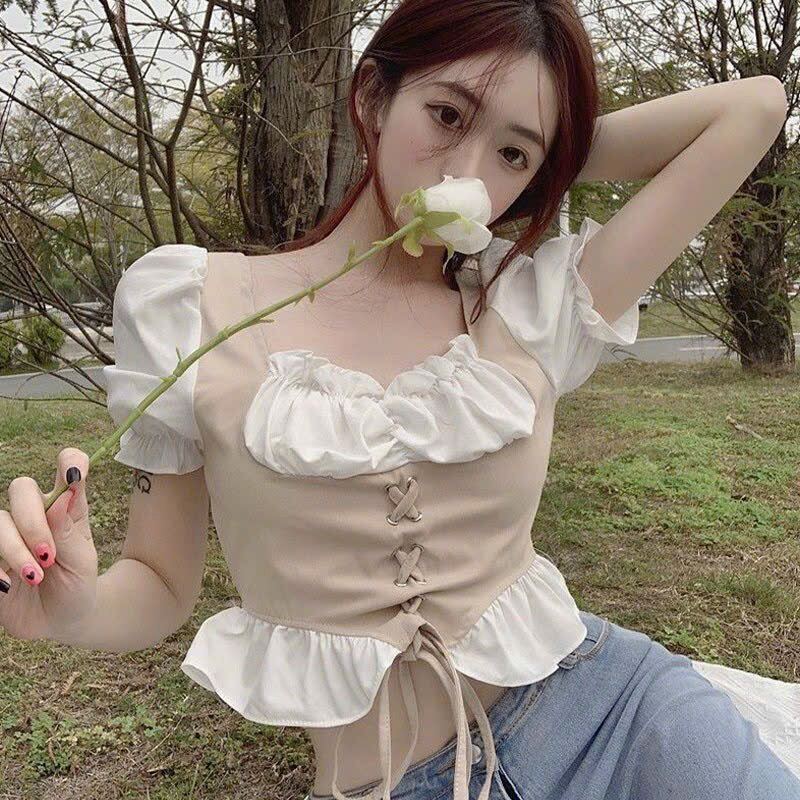 ÁO CROPTOP PHỐI MÀU RÚT DÂY BỤNG MỚI BXD13