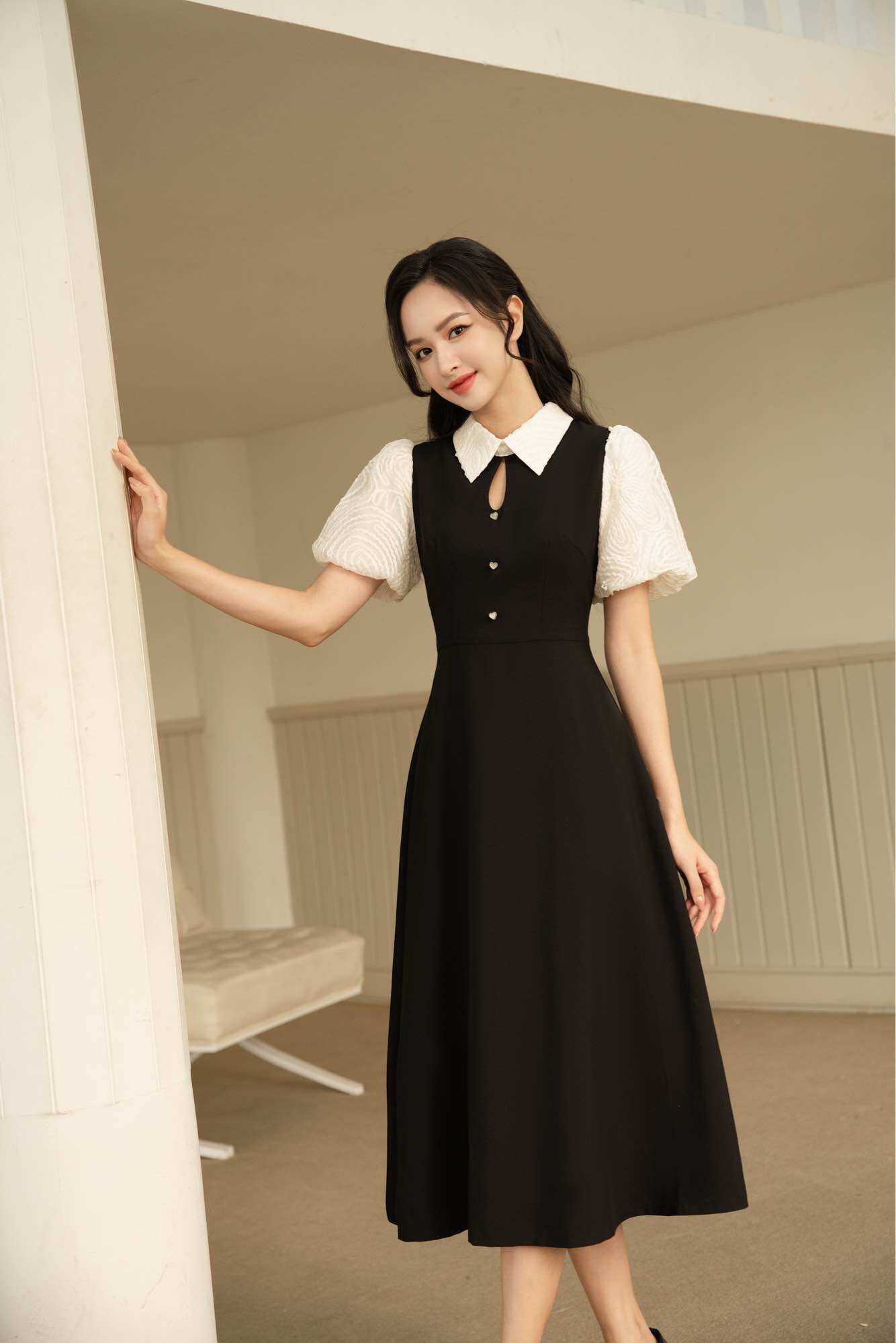 Váy dài phối tay cổ ren Linci dress