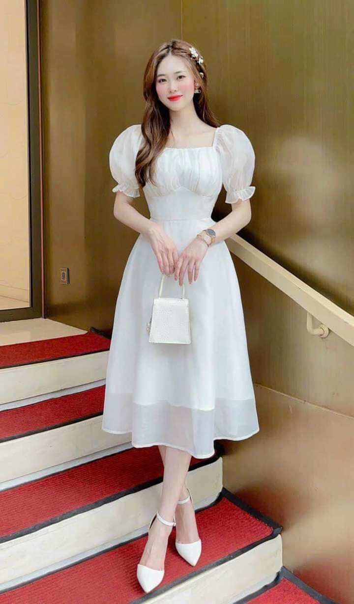 Đầm xòe dự tiệc cổ vuông tay phồng mẫu mới.