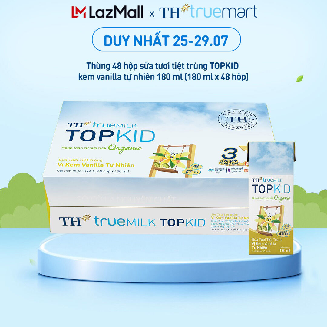 Thùng 48 hộp sữa tươi tiệt trùng TOPKID kem vanilla tự nhiên TH true MILK 180ml