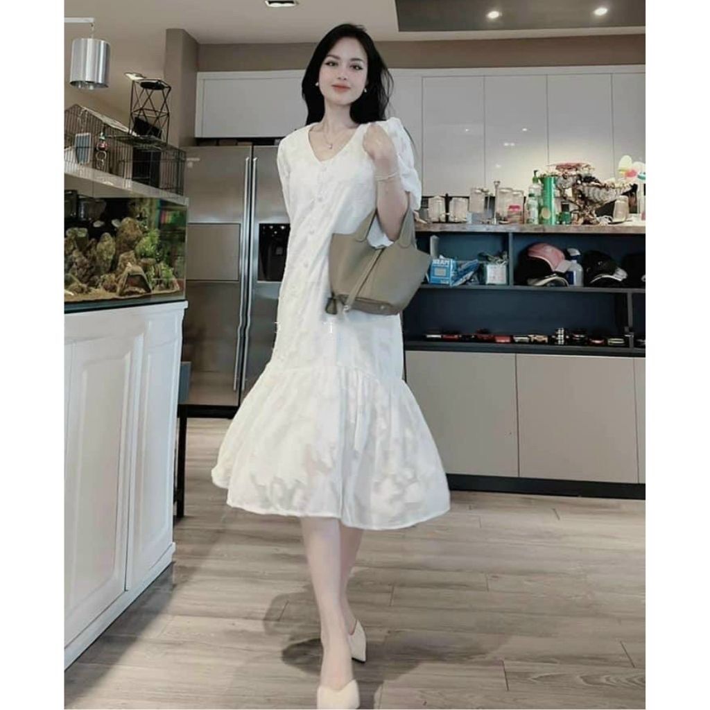 Đầm bầu cổ V sơ mi sang chảnh