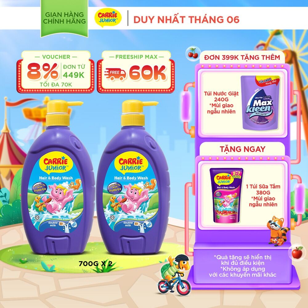 Combo 2 Sữa Tắm Gội cho bé Carrie Junior chiết xuất trái cây thiên nhiên Hương Tinh Chất Sữa(700g/chai)