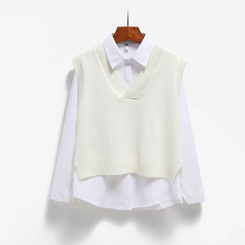 V-neck Knitted Vest Vest College Wind Girl Spring and Autumn Clothes Korean Style Loose Pullover Sweater High-Low Top