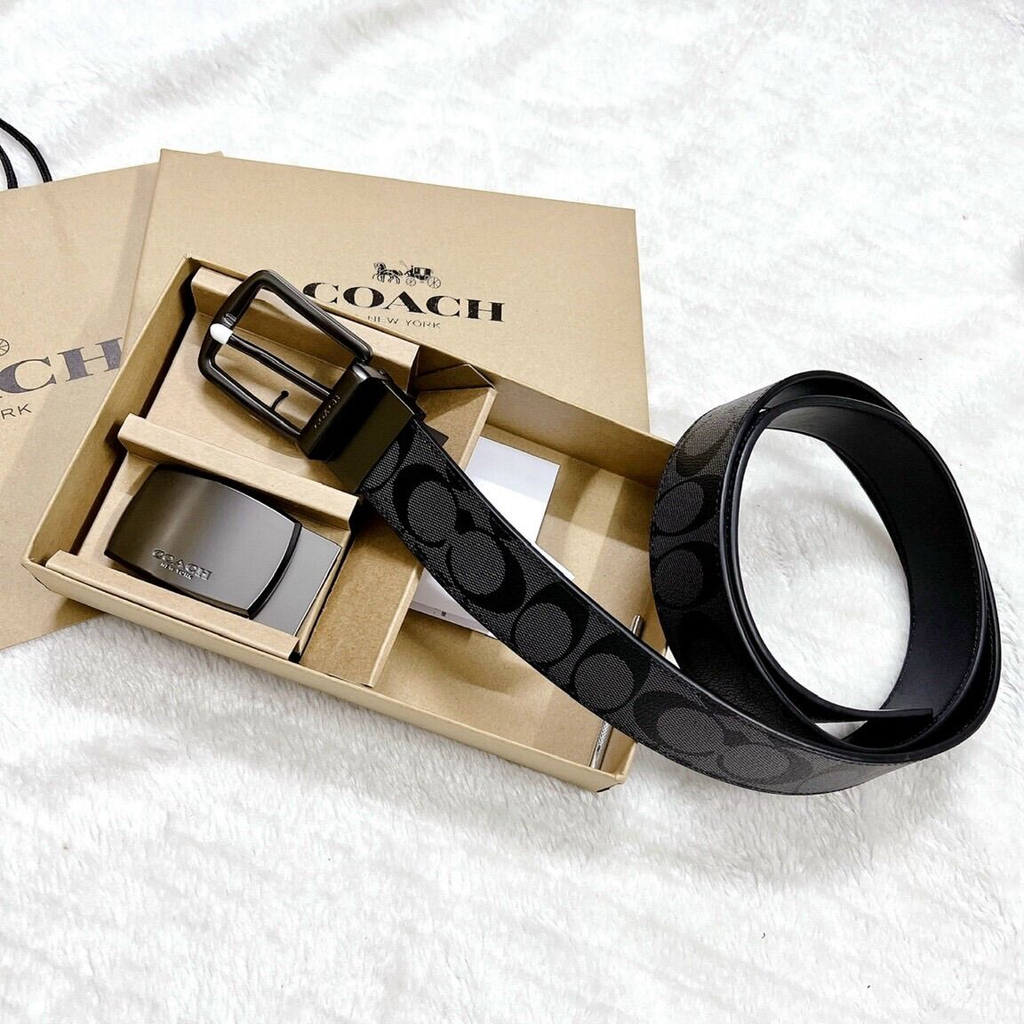 Set thắt lưng nam Coach hàng đẹp, chất da thật pha canvas dày dặn full box